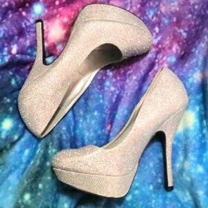 SILVER GLITTER PLATFORMS 8 Qupid Rhinestone Metallic Prom Bridal Wedding Heels